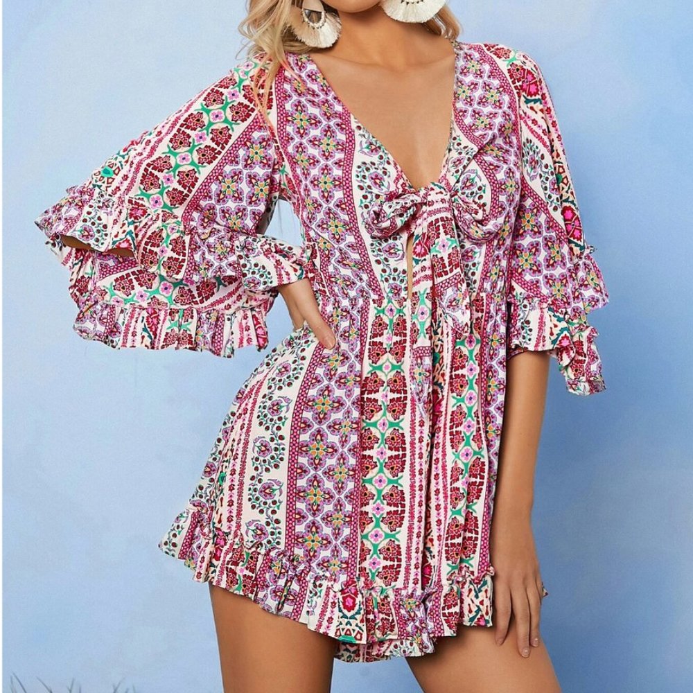 LAST ONE 🔥 Boho Flounce Sleeve Tie Front Floral Romper